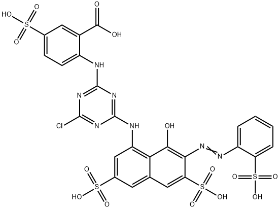 2-[[4-chloro-6-[[8-hydroxy-3,6-disulpho-7-[(2-sulphophenyl)azo]-1-naphthyl]amino]-1,3,5-triazin-2-yl]amino]-5-sulphobenzoic acid Struktur