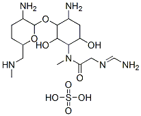 N-[4-amino-3-[3-amino-6-(methylaminomethyl)oxan-2-yl]oxy-2,6-dihydroxy -cyclohexyl]-2-(aminomethylideneamino)-N-methyl-acetamide, sulfuric ac id Struktur