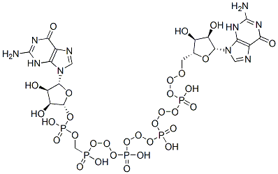 [[[[[(2R,3S,4R,5R)-5-(2-amino-6-oxo-3H-purin-9-yl)-3,4-dihydroxyoxolan-2-yl]methoxy-hydroxyphosphoryl]oxy-hydroxyphosphoryl]oxy-hydroxyphosphoryl]oxy-hydroxyphosphoryl] [(2R,3S,4R,5R)-5-(2-amino-6-oxo-3H-purin-9-yl)-3,4-dihydroxyoxolan-2-yl]methyl hydrogen phosphate Struktur