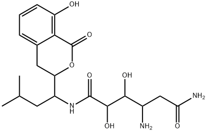 4-Amino-2,3-dihydroxy-N-[1-(3,4-dihydro-8-hydroxy-1-oxo-1H-2-benzopyran-3-yl)-3-methylbutyl]hexanediamide Struktur