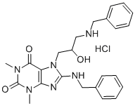 1H-Purine-2,6-dione, 3,7-dihydro-1,3-dimethyl-7-(2-hydroxy-3-((phenylm ethyl)amino)propyl)-8-((phenylmethyl)amino)-, monohydrochloride Struktur