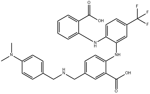 Benzoic  acid,  2-[[2-[(2-carboxyphenyl)amino]-5-(trifluoromethyl)phenyl]amino]-5-[[[[4-(dimethylamino)phenyl]methyl]amino]methyl]- Struktur