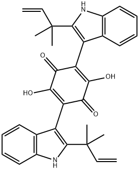 2,5-Cyclohexadiene-1,4-dione, 2,5-bis[2-(1,1-dimethyl-2-propen-1-yl)-1H-indol-3-yl]-3,6-dihydroxy- Struktur