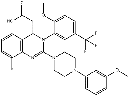 4-Quinazolineacetic acid, 8-fluoro-3,4-dihydro-2-[4-(3-Methoxyphenyl)-1-piperazinyl]-3-[2-Methoxy-5-(trifluoroMethyl)phenyl]- Struktur