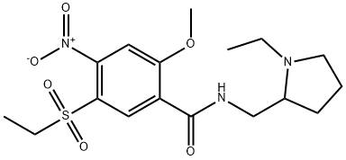 N-[(1-ethyl-2-pyrrolidinyl)methyl]-5-(ethylsulphonyl)-2-methoxy-4-nitrobenzamide  Struktur