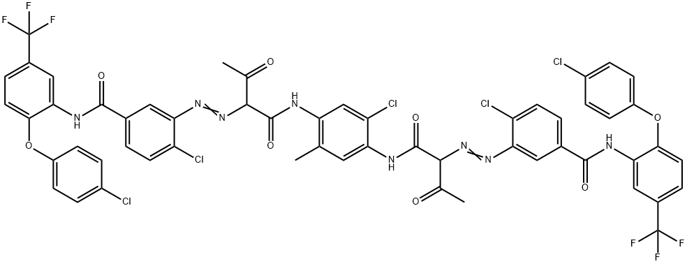 3,3'-[(2-chloro-5-methyl-p-phenylene)bis[imino(1-acetyl-2-oxoethylene)azo]]bis[4-chloro-N-[2-(4-chlorophenoxy)-5-(trifluoromethyl)phenyl]benzamide] Struktur