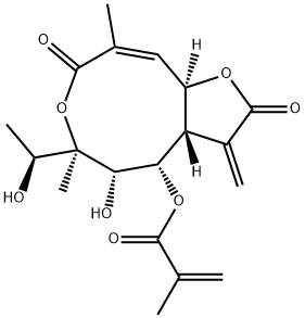 2-Methylpropenoic acid [(3aS,4S,5S,6R,9Z,10aR)-2,3,3a,4,5,6,8,10a-octahydro-5-hydroxy-6-[(S)-1-hydroxyethyl]-6,9-dimethyl-3-methylene-2,8-dioxofuro[2,3-e]oxonin-4-yl] ester Struktur