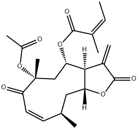 (Z)-2-Methyl-2-butenoic acid (3aS,4S,6R,8Z,10R,11aR)-6-acetoxy-2,3,3a,4,5,6,7,10,11,11a-decahydro-6,10-dimethyl-3-methylene-2,7-dioxocyclodeca[b]furan-4-yl ester Struktur