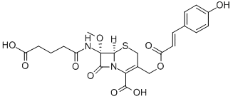 (7S)-7-[(4-Carboxy-1-oxobutyl)amino]-7-methoxy-3-[[[(E)-3-(4-hydroxyphenyl)-1-oxo-2-propenyl]oxy]methyl]cepham-3-ene-4-carboxylic acid Struktur