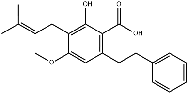 Benzoic acid, 2-hydroxy-4-Methoxy-3-(3-Methyl-2-butenyl)-6-(2-phenylethyl)- Struktur