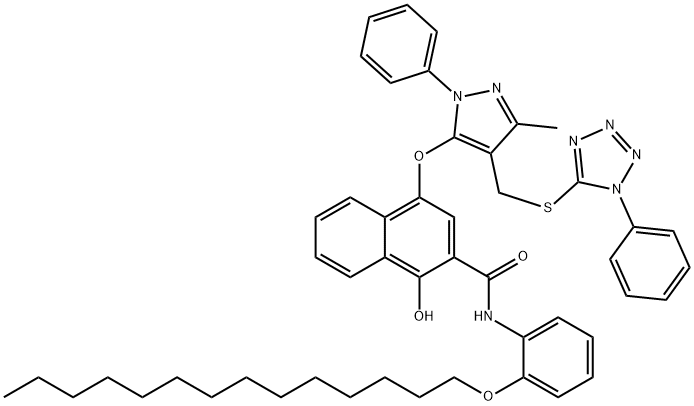 1-Hydroxy-4-[[3-methyl-1-phenyl-4-[[(1-phenyl-1H-tetrazole-5-yl)thio]methyl]-1H-pyrazole-5-yl]oxy]-N-[2-(tetradecyloxy)phenyl]-2-naphthalenecarboxamide Struktur