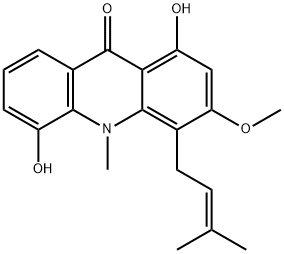 1,5-Dihydroxy-3-methoxy-10-methyl-4-(3-methyl-2-butenyl)acridin-9(10H)-one Struktur