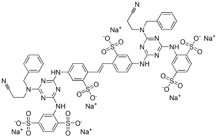 hexasodium 2,2'-[vinylenebis[(3-sulphonato-4,1-phenylene)imino[6-[(2-cyanoethyl)(phenylmethyl)amino]-1,3,5-triazine-4,2-diyl]imino]]bis(benzene-1,4-disulphonate)  Struktur