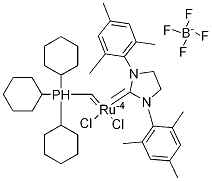 Dichloro[1,3-bis(2,4,6-trimethylphenyl)-2-imidazolidinylidene][(tricyclohexylphosphoranyl)methylidene]ruthenium(II) tetrafluoroborate Struktur