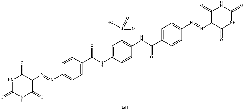 sodium 2,5-bis[4-[(hexahydro-2,4,6-trioxo-5-pyrimidinyl)azo]benzamido]benzenesulphonate Struktur