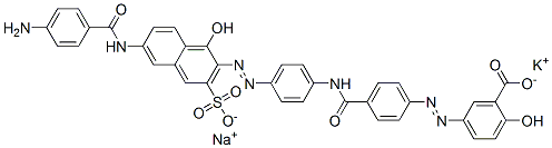 potassium sodium 5-[[4-[[[4-[[6-[(4-aminobenzoyl)amino]-1-hydroxy-3-sulphonato-2-naphthyl]azo]phenyl]amino]carbonyl]phenyl]azo]salicylate Struktur