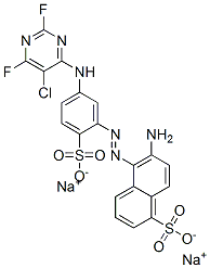 6-amino-5-[[5-[(5-chloro-2,6-difluoro-4-pyrimidinyl)amino]-2-sulphophenyl]azo]naphthalene-1-sulphonic acid, sodium salt Struktur