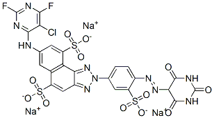 7-[(5-chloro-2,6-difluoro-4-pyrimidinyl)amino]-2-[4-[(hexahydro-2,4,6-trioxo-5-pyrimidinyl)azo]-3-sulphophenyl]-2H-naphtho[1,2-d]triazole-5,9-disulphonic acid, sodium salt Struktur