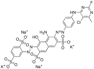 4-amino-3-[[4-[(5-chloro-2-fluoro-6-methyl-4-pyrimidinyl)amino]phenyl]azo]-6-[(2,5-disulphophenyl)azo]-5-hydroxynaphthalene-2,7-disulphonic acid, potassium sodium salt Struktur