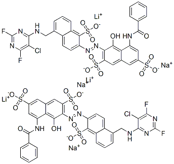 5-(benzoylamino)-3-[[5-[[(5-chloro-2,6-difluoro-4-pyrimidinyl)amino]methyl]-1-sulpho-2-naphthyl]azo]-4-hydroxynaphthalene-2,7-disulphonic acid, lithium sodium salt Struktur