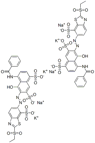 4-(benzoylamino)-6-[[2-(ethylsulphonyl)-7-sulphobenzothiazol-6-yl]azo]-5-hydroxynaphthalene-1,7-disulphonic acid, potassium sodium salt Struktur