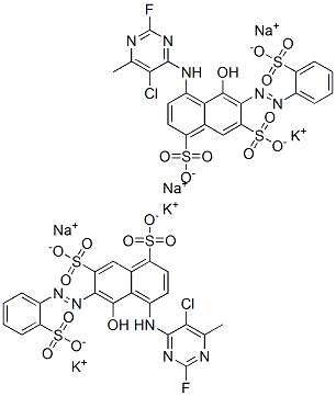 4-[(5-chloro-2-fluoro-6-methyl-4-pyrimidinyl)amino]-5-hydroxy-6-[(2-sulphophenyl)azo]naphthalene-1,7-disulphonic acid, potassium sodium salt Struktur