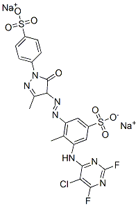 2-[(5-chloro-2,6-difluoro-4-pyrimidinyl)amino]-6-[[4,5-dihydro-3-methyl-5-oxo-1-(4-sulphophenyl)-1H-pyrazol-4-yl]azo]toluene-4-sulphonic acid, sodium salt Struktur