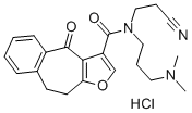 4H-Benzo(4,5)cyclohepta(1,2-b)furan-3-carboxamide, 9,10-dihydro-N-(2-c yanoethyl)-N-(3-(dimethylamino)propyl)-4-oxo-, monohydrochloride Struktur