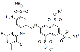 7-[[4-amino-2-[(5-chloro-2-fluoro-6-methyl-4-pyrimidinyl)amino]-5-sulphophenyl]azo]naphthalene-1,3,5-trisulphonic acid, potassium sodium salt Struktur