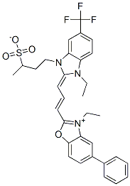 3-ethyl-2-[3-[1-ethyl-1,3-dihydro-3-(3-sulphonatobutyl)-5-(trifluoromethyl)-2H-benzimidazol-2-ylidene]prop-1-enyl]-5-phenylbenzoxazolium Struktur