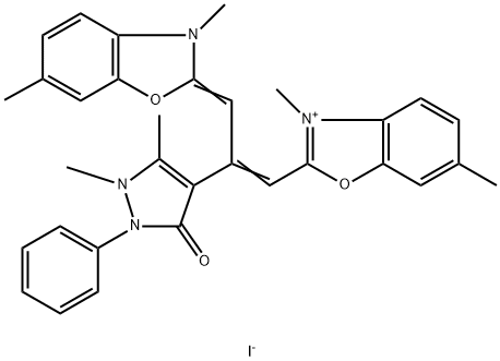 2-[2-(2,3-dihydro-1,5-dimethyl-3-oxo-2-phenyl-1H-pyrazol-4-yl)-3-(3,6-dimethyl-3H-benzoxazol-2-ylidene)prop-1-enyl]-3,6-dimethylbenzoxazolium iodide Struktur