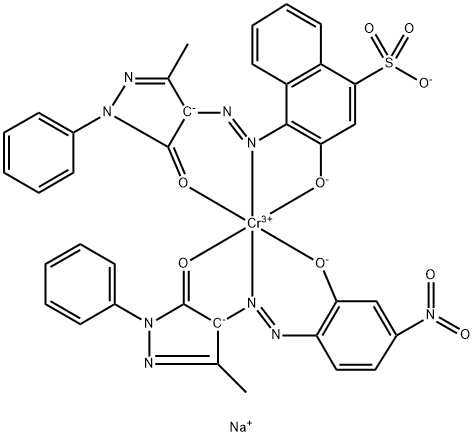 Chromate(2-), [2,4-dihydro-4-[(2-hydroxy-4-nitrophenyl)azo]-5-methyl-2-phenyl-3H-pyrazol-3-onato(2-)][4-[(4,5-dihydro-3-methyl-5-oxo-1-phenyl-1H-pyrazol-4-yl)azo]-3-hydroxy-1-naphthalenesulfonato(3-)]-, disodium Struktur