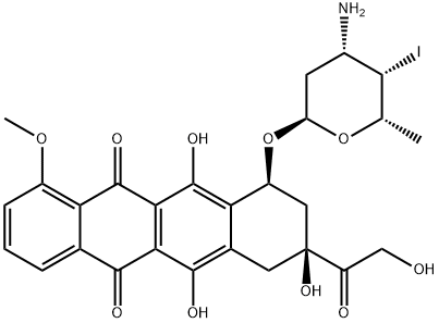 5,12-Naphthacenedione, 10-(2R,4S,5S,6S)-4-aminotetrahydro-5-iodo-6-methyl-2H-pyran-2-yloxy-7,8,9,10-tetrahydro-6,8,11-trihydroxy-8-(hydroxyacetyl)-1-methoxy-, (8S,10S)- Struktur