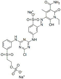 disodium 2-[[5-carbamoyl-1-ethyl-1,6-dihydro-2-hydroxy-4-methyl-6-oxo-3-pyridyl]azo]-4-[[4-chloro-6-[[3-[[2-(sulphonatooxy)ethyl]sulphonyl]phenyl]amino]-1,3,5-triazin-2-yl]amino]benzenesulphonate Struktur