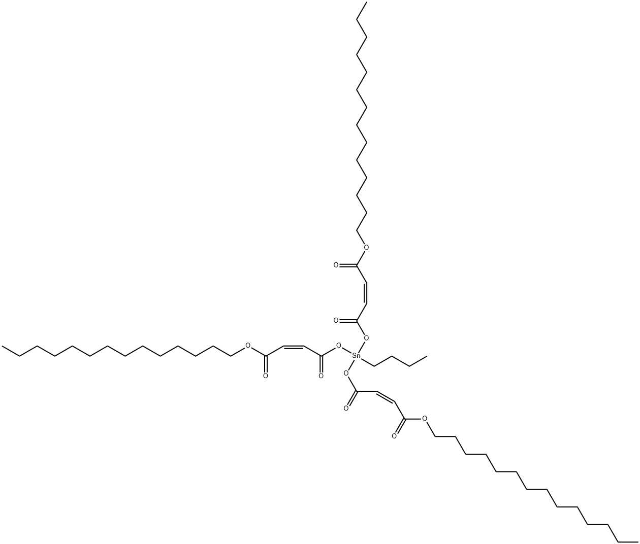 tetradecyl (Z,Z,Z)-6-butyl-6-[[1,4-dioxo-4-(tetradecyloxy)but-2-enyl]oxy]-4,8,11-trioxo-5,7,12-trioxa-6-stannahexacosa-2,9-dienoate Struktur