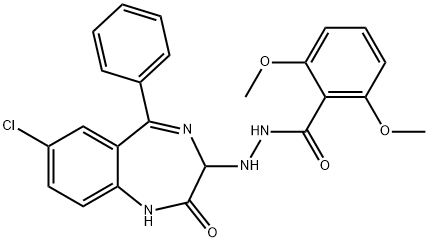 Benzoic acid, 2,6-dimethoxy-, 2-(7-chloro-2,3-dihydro-2-oxo-5-phenyl-1 H-1,4-benzodiazepin-3-yl)hydrazide Struktur