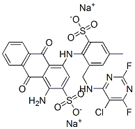 disodium 1-amino-4-[[2-[[(5-chloro-2,6-difluoro-4-pyrimidinyl)amino]methyl]-4-methyl-6-sulphonatophenyl]amino]-9,10-dihydro-9,10-dioxoanthracene-2-sulphonate Struktur