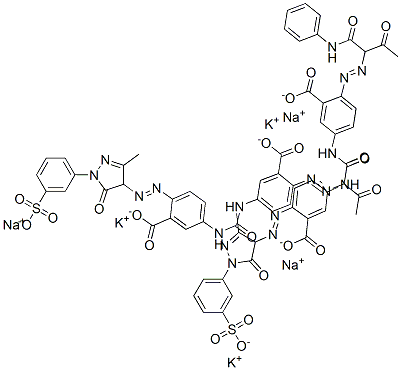 2-[[1-(anilinocarbonyl)-2-oxopropyl]azo]-5-[[[[3-carboxy-4-[[4,5-dihydro-3-methyl-5-oxo-1-(3-sulphophenyl)-1H-pyrazol-4-yl]azo]phenyl]amino]carbonyl]amino]benzoic acid, potassium sodium salt Struktur