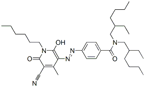 4-[(5-cyano-1-hexyl-1,6-dihydro-2-hydroxy-4-methyl-6-oxo-3-pyridyl)azo]-N,N-bis(2-ethylhexyl)benzamide Struktur