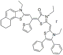 3-ethyl-2-[(3-ethyl-4,5-diphenylthiazol-2(3H)-ylidene)methyl]-5-[2-(3-ethyl-6,7,8,9-tetrahydronaphtho[2,1-d]thiazol-2(3H)-ylidene)-1-(2-thienyl)ethylidene]-4,5-dihydro-4-oxothiazolium iodide Struktur