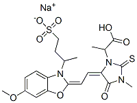 sodium alpha-methyl 5-[[6-methoxy-3-(4-sulphonato-2-butyl)benzoxazol-2(3H)-ylidene]ethylidene]-3-methyl-4-oxo-2-thioxoimidazolidin-1-ylacetate Struktur