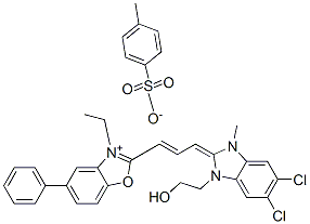 2-[3-[5,6-dichloro-1,3-dihydro-1-(2-hydroxyethyl)-3-methyl-2H-benzimidazol-2-ylidene]prop-1-enyl]-3-ethyl-5-phenylbenzoxazolium toluene-p-sulphonate Struktur