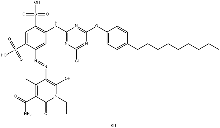 dipotassium 4-[[5-(aminocarbonyl)-1-ethyl-1,6-dihydro-2-hydroxy-4-methyl-6-oxo-3-pyridyl]azo]-6-[[4-chloro-6-(4-nonylphenoxy)-1,3,5-triazin-2-yl]amino]benzene-1,3-disulphonate Struktur