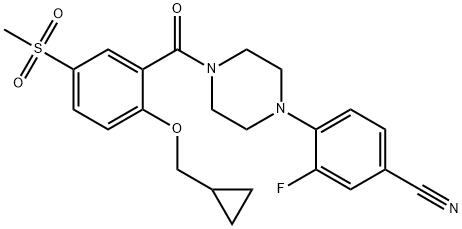 4-[4-[2-(Cyclopropylmethoxy)-5-methylsulfonylbenzoyl]piperazin-1-yl]-3-fluorobenzonitrile Struktur