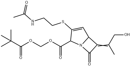 1-Azadicyclo(3.2.0)hept-3-ene-2-carboxylic acid, 3-[[2-(acethylamino)ethyl]thio]-6-(2-hydroxy-1-methylethylidene)-7-oxo-, (2,2-dimethyl-1-oxopropoxy)methyl ester Struktur