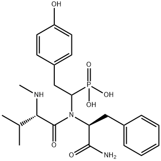 [(1R)-2-(4-hydroxyphenyl)-1-[[(1S)-1-[[(2S)-3-methyl-2-methylamino-but anoyl]carbamoyl]-2-phenyl-ethyl]amino]ethyl]phosphonic acid Struktur