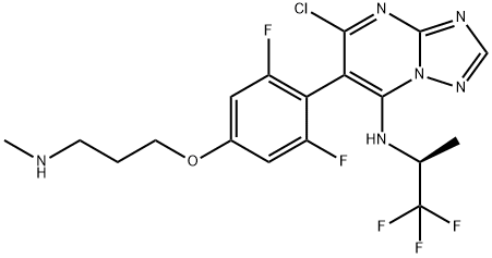 5-Chloro-6-[2,6-difluoro-4-[3-(methylamino)propoxy]phenyl]-N-((1S)-2,2,2-trifluoro-1-methylethyl)-[1,2,4]triazolo[1,5-a]pyrimidin-7-amine Struktur