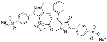 tetrasodium 1-[1,5-dihydro-3-methyl-5-oxo-1-(4-sulphonatophenyl)-4H-pyrazol-4-ylidene]-3-[3-methyl-5-oxido-1-(4-sulphonatophenyl)-1H-pyrazol-4-yl]-1H-indene-2-carboxylate Struktur