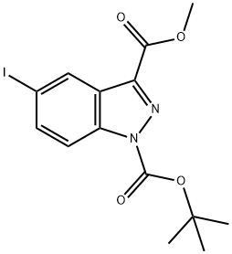 1H-Indazole-1,3-dicarboxylic acid, 5-iodo-, 1-(1,1-diMethylethyl) 3-Methyl ester Struktur