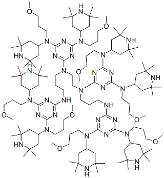 1,3,5-Triazine-2,4,6-triamine, N,N'''-1,2-ethanediylbis[N-[3-[[4,6-bis[(3-methoxypropyl)(2,2,6,6-tetramethyl-4-piperidinyl)amino]-1,3,5-triazin-2-yl]amino]propyl]-N',N''-bis(3-methoxypropyl)-N',N''-bis(2,2,6,6-tetramethyl-4-piperidinyl)- Struktur